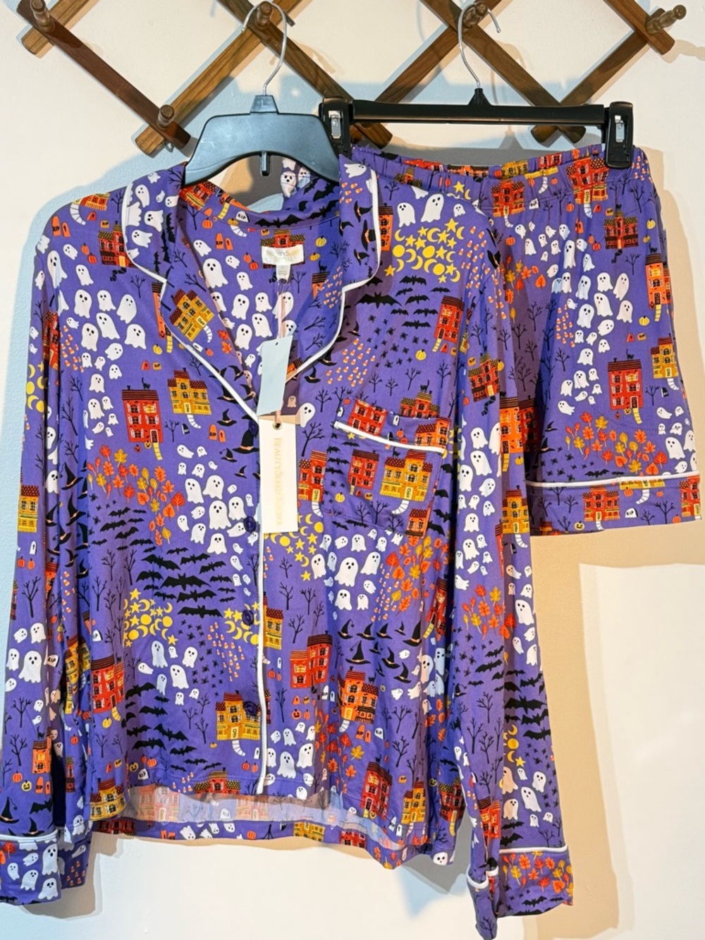 Beauty Sleep Social Halloween Cozy Long Sleeve Notch Pajama Top & Boxers Set NWT - Picture 2 of 5
